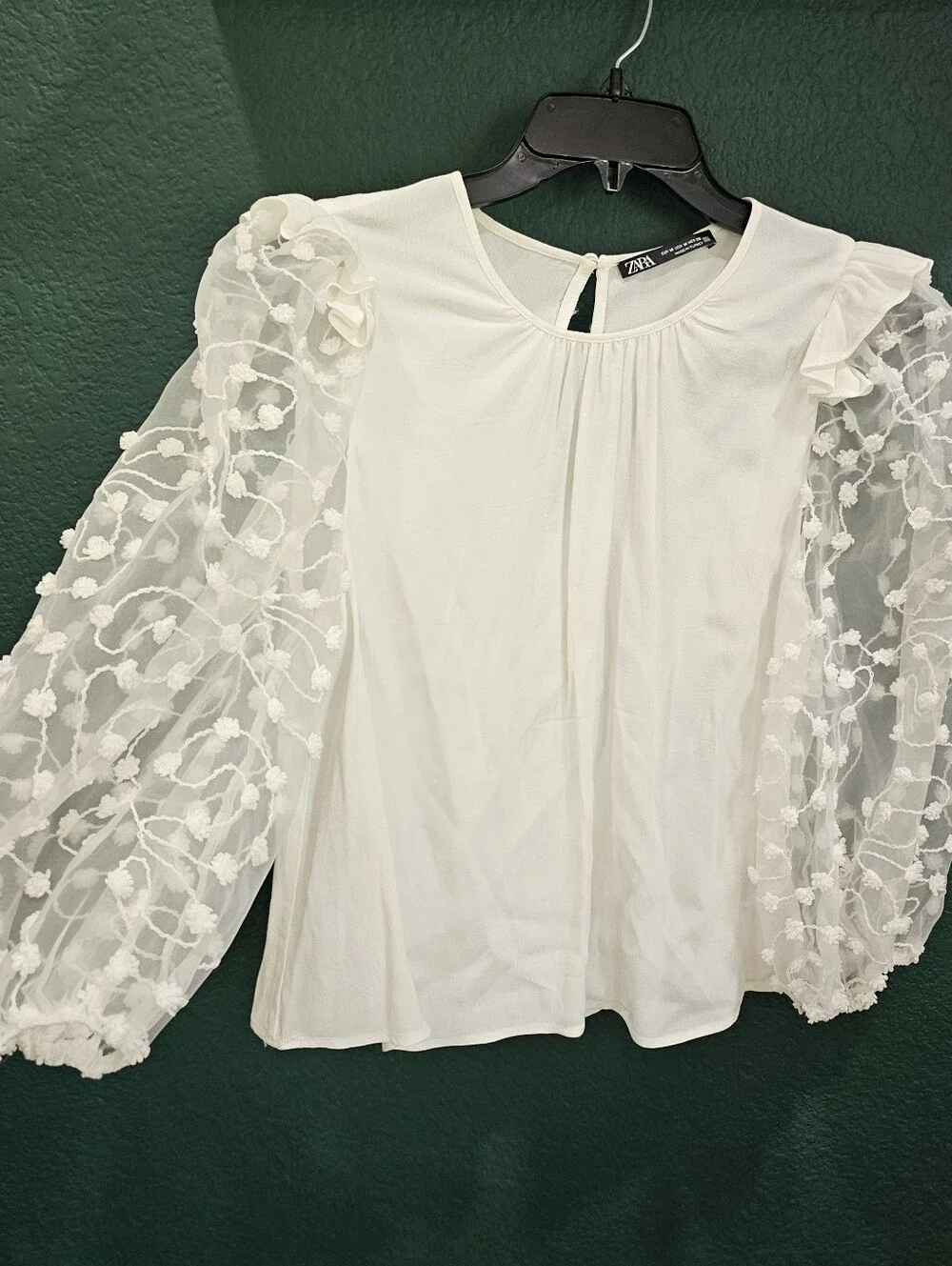 Zara White Embroidered Sheer Puff Sleeve Blouse Medium Floral Mesh